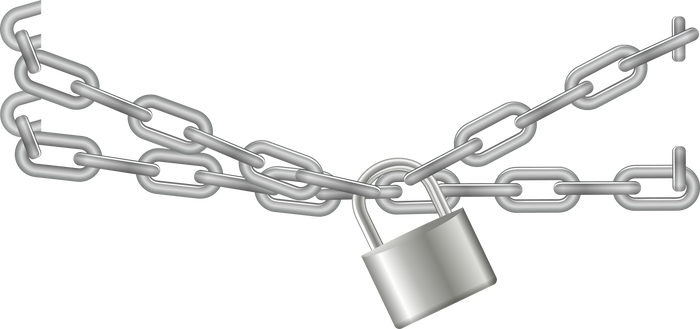 Padlock and chain. Gray metal chain and padlock, handcuffed card,
